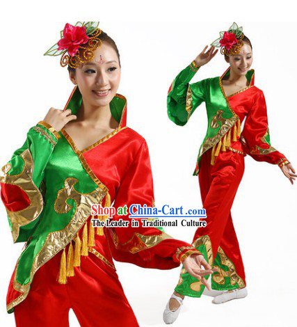Red and Green Chinese Group Yangge Dance Costumes and Headwear Complete Set for Women
