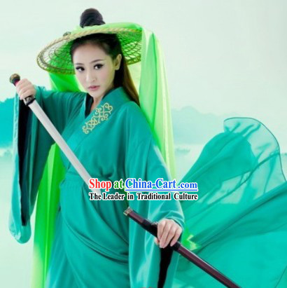 Ancient Chinese Green Hanfu Clothes and Hat