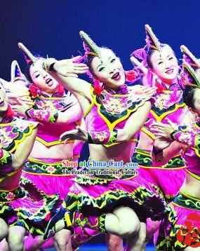 Chinese Folk Ethnic Dance Costumes and Headwear for Women