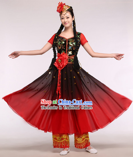 Chinese Classic Red Stage Performance Xinjiang Dancing Suit and Hat