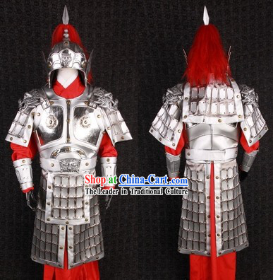 Ancient Chinese Silver General Armor Outfits and Helmet Complete Set
