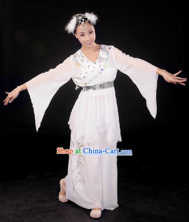 Professional Stage Performance White Fan Dancing Costumes Complete Set