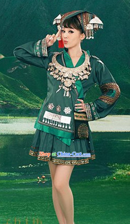 Ancient Chinese Miao Ethnic Clothing and Silver Accessories for Women
