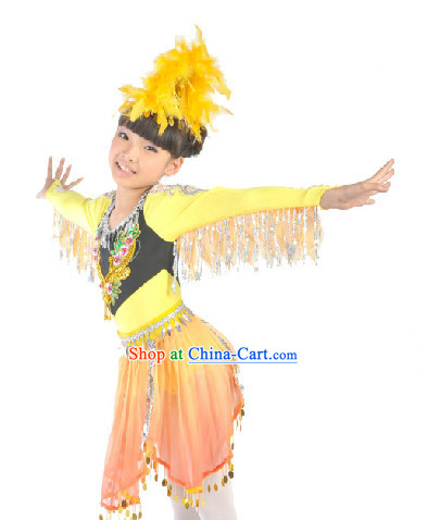 Chinese Folk Dancing Dress and Headdress for Kids