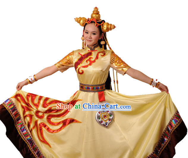 Chinese Tibetan Sun Drum Skirt and Headdress for Girls