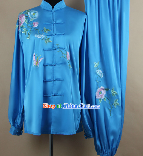 Traditional Chinese Blue Flower and Butterfly Martial Arts Uniform Complete Set