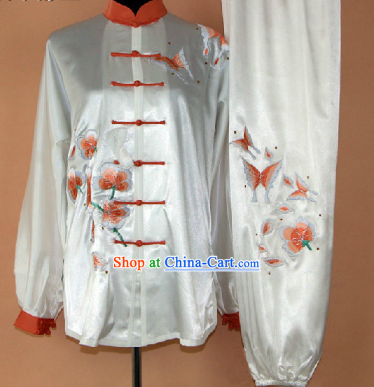 Traditional Chinese White Embroidered Flower and Butterfly Martial Arts Uniform Complete Set