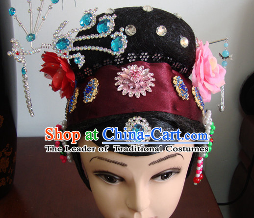 Chinese Opera Stage Theatrical Performances Rich Lady Black Long Wigs and Head Pieces