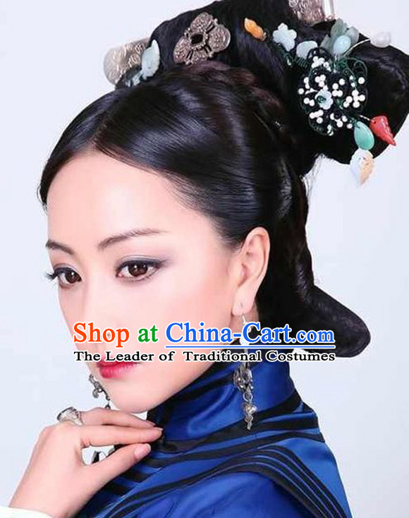 Chinese Ancient Qing Dynasty Black Wigs and Hair Jewelry