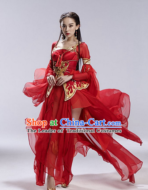 Red Asia Chinese Fairy Halloween Costume Cosplay Costumes and Hair Accessories Complete Set