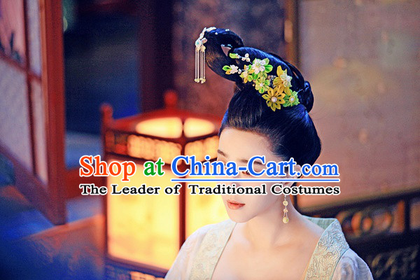 Chinese Tang Dynasty Princess Wigs Hair Accessories Fascinator Headpieces Hair Sticks Hairpins Hair Clips Hair Ornaments for Women
