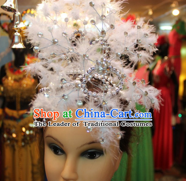 Chinese Stage Performance Classic Dance Apparel Feather Folk Dancing Headdress Headpieces Hair Accessories