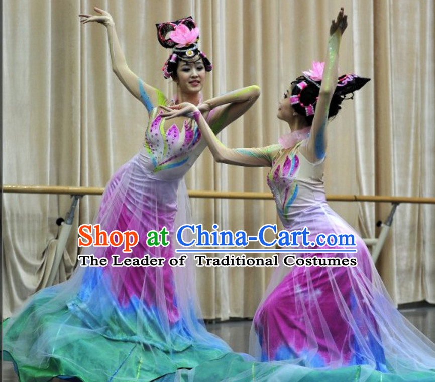 Chinese Classic Folk Flower Dance Costumes and Headwear Complete Set for Women