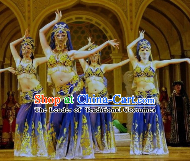 Chinese Folk Xinjiang Dance Costumes and Headwear Complete Set for Women