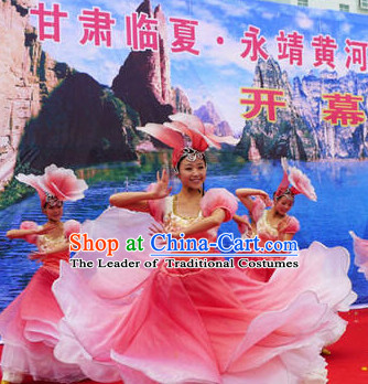 Chinese Classic Folk Flower Dance Costumes and Headwear Complete Set for Women