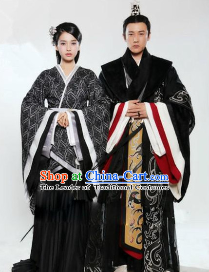 Ancient Chinese Han Dynasty Royal Clothes 2 Copmlete Sets for Husband and Wife Men and Women