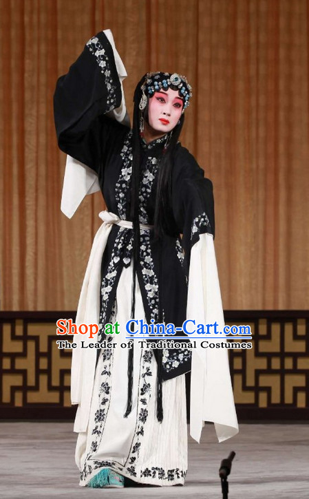 Black Ancient Chinese Asian Peking Opera Costumes Qing Yi Costume and Hair Jewelry Complete Set