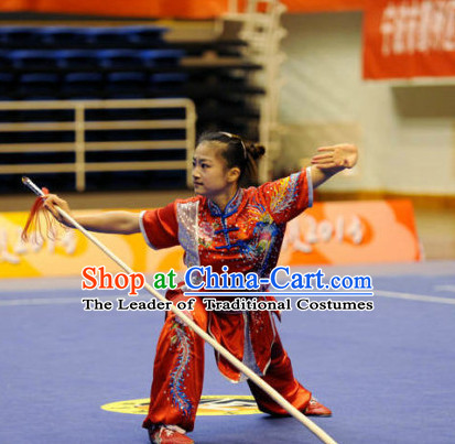 Top Wushu Long Pole Competition Suits Southern Fist Tourament Qigong Kung Fu Training Karate Clothes Shaolin Outfit Martial Arts Uniform for Men Women Girls Boys Kids Adults