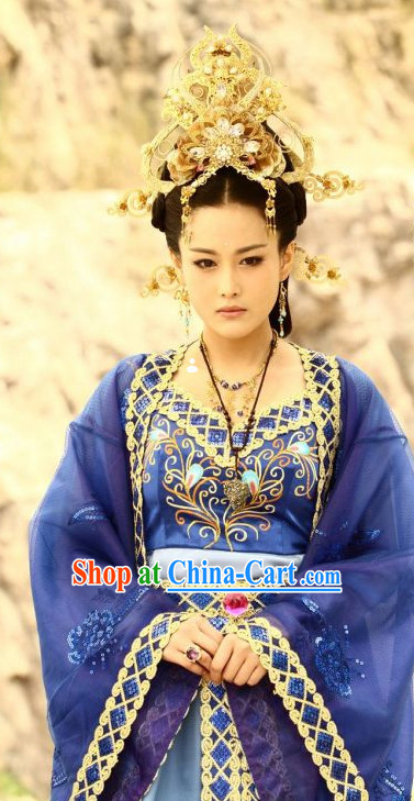 Chinese Empress Blue Robe and Hair Accessories Full Set
