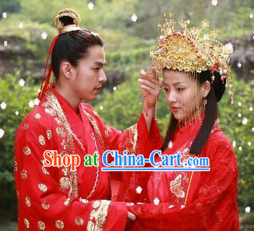Chinese Classic Red Wedding Suits Men and Women 2 Complete Sets