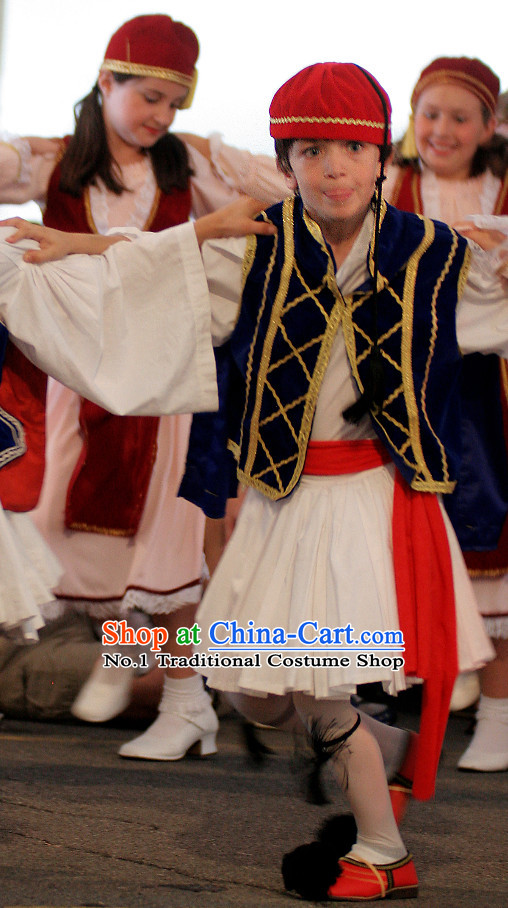 Traditional Greek Dancing Costumes and Hat Complete Set for Kids