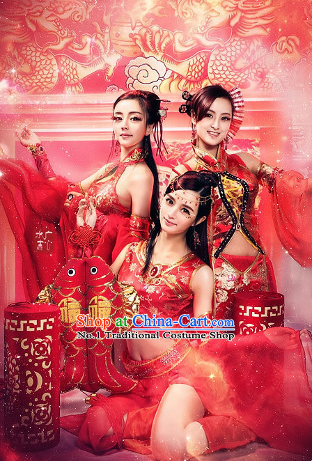 Happy New Year China Red Beauty Fairy Costumes Full Set