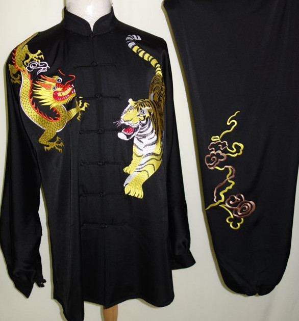 Black Dragon and Tiger Embroidery Silk Martial Arts Tai Chi Blouse Pants and Belt Complete Set