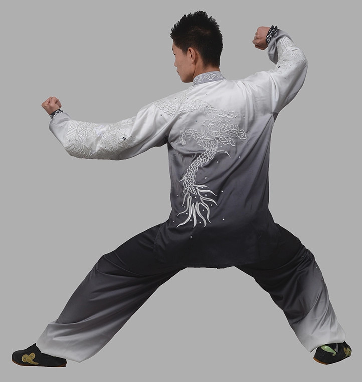 Color Transition Long Sleeves Big Dragon Embroidery Wushu Suits