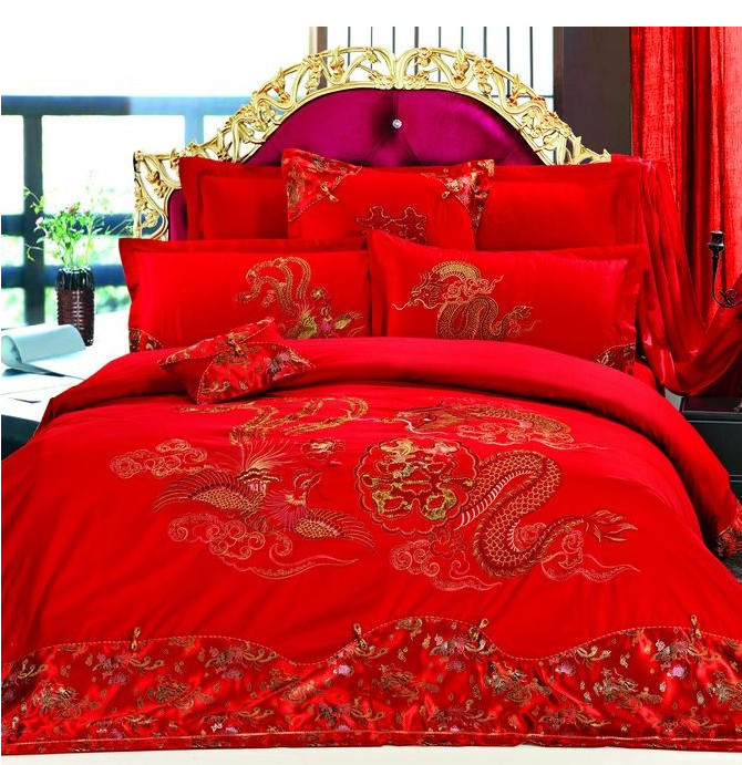 Chinese Dragon Phoenix Embroidery Bed Cover Six Pieces Set