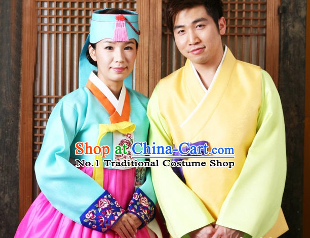 Korean Traditional Couple Wedding Veils Clothes Complete Set for Men and Women