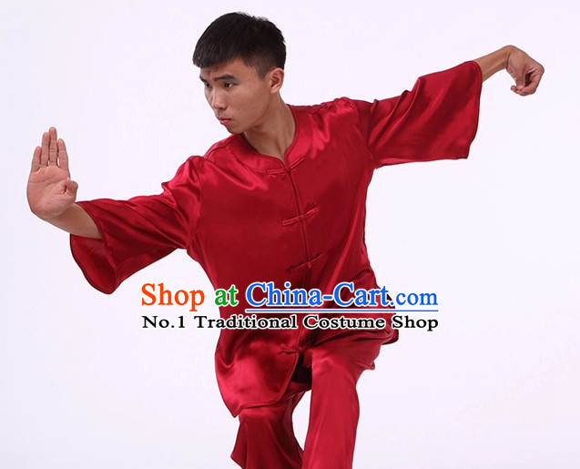 Plain Red Color Top Asian China Tai Chi Short Sleeves Uniform for Men