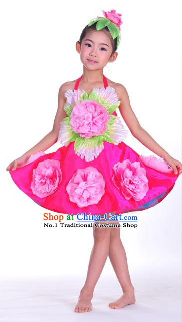 Oriental Clothing Chinese Children's Festival Penoy Dance Costumes and Peony Headdress Complete Set