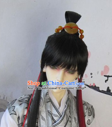 Chinese Traditional Black Wig and Jade Hair Jewelry