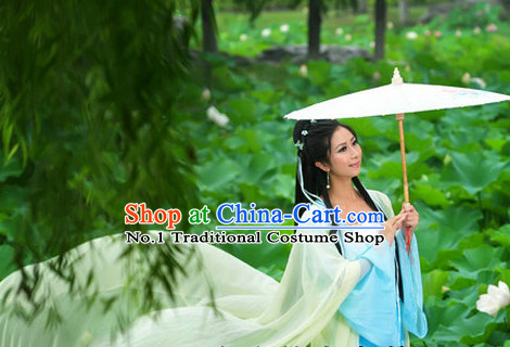 Chinese Traditional Umbrella Dancing Costume and Hair Ornaments Complete Set