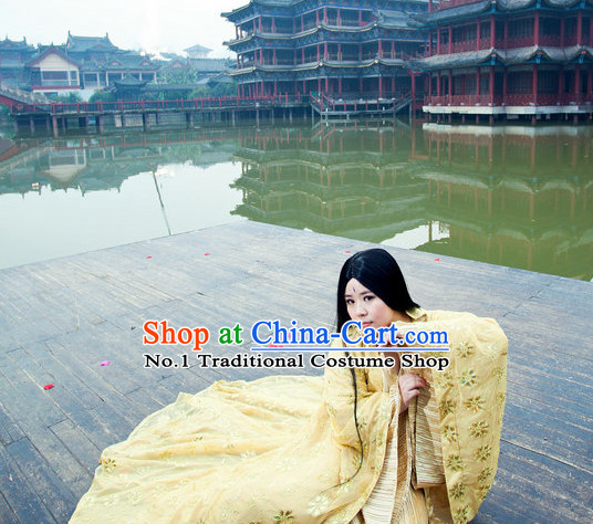 Chinese Traditional Princess Gold Costume and Long Black Wig Complete Set