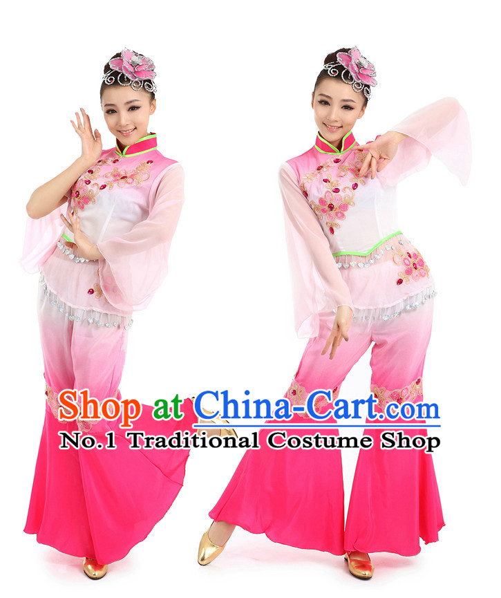 Chinese Traditional Fan Dance Costumes Suppy and Headwear Complete Set