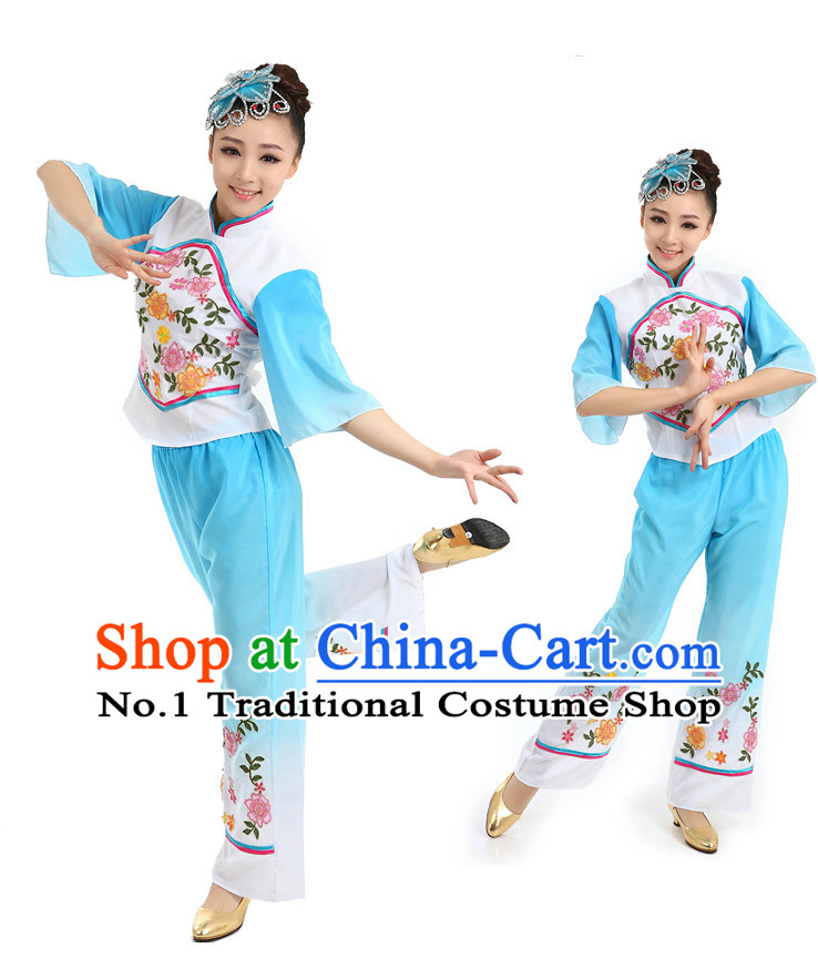 Chinese Traditional Han Fan Dance Costumes Suppy and Headwear Complete Set