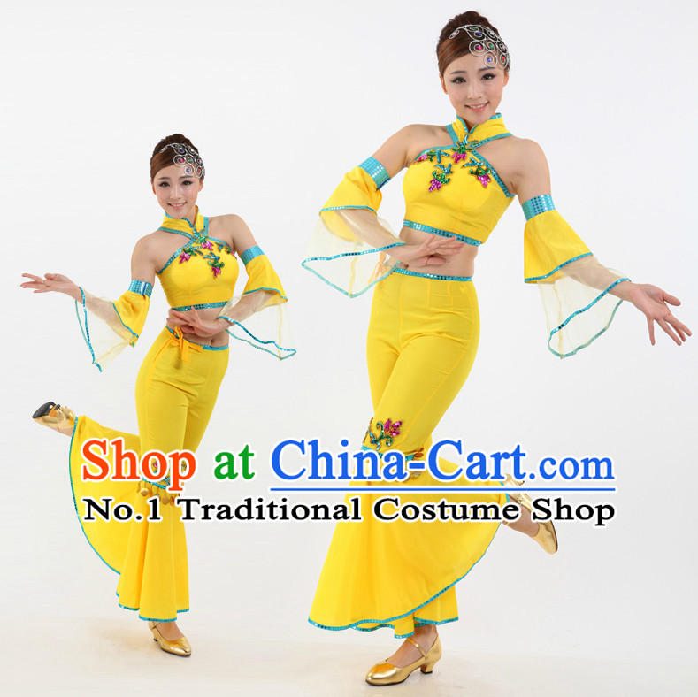 Chinese Stage Professional Fan Dancing Costumes Apparel Dance Stores Dance Gear Dance Attire and Hair Accessories Complete Set