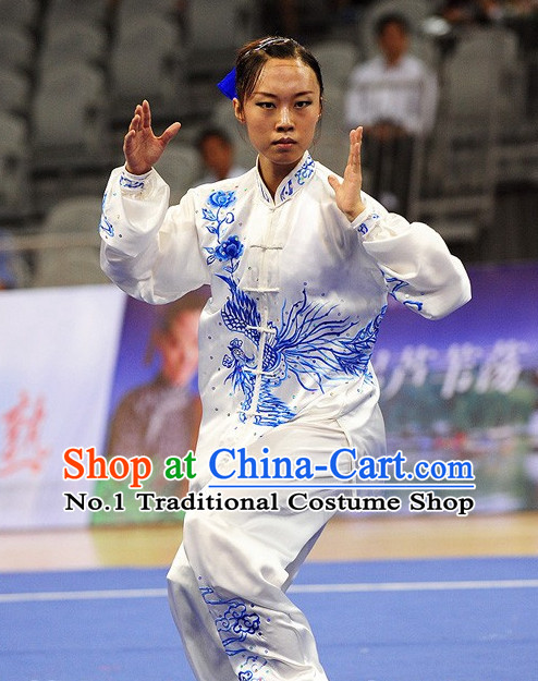 Top Blue White Flower Embroidery Gold Tai Chi Qi Gong Yoga Clothing Yoga Wear Yoga Pants Yang Tai Chi Quan Uniforms for Women