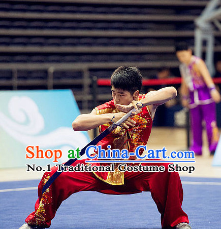 Top RED Kung Fu Broadsword Costume Martial Arts Broadswords Combat Costumes Kickboxing Equipment Superhero Apparel Karate Clothes Complete Set for Men