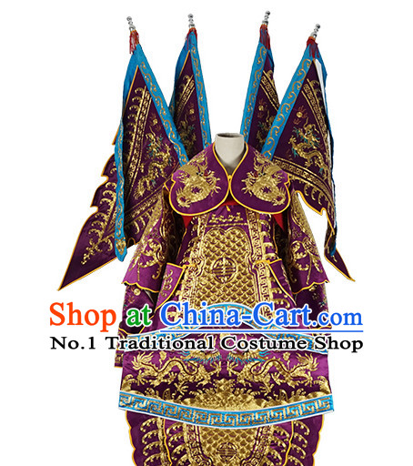 Chinese Purple Theatrical Costume Beijing Opera Costumes Peking Opera Wu Sheng Embroidered Armor Costumes and Flags for Men
