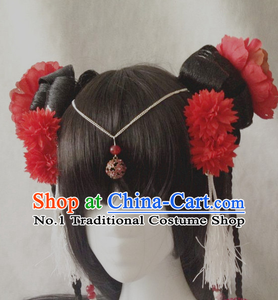 Chinese Style Dancer Long Wig and Handmade Hair Accessories