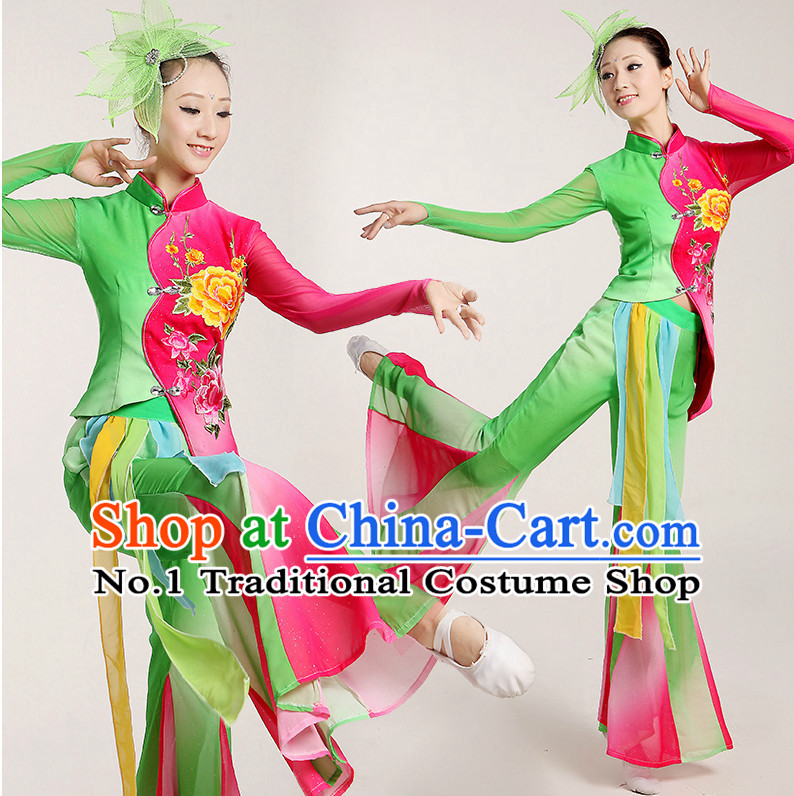 Chinese Folk Ribbon or Fan Dancing Costume and Headwear Complete Set for Women