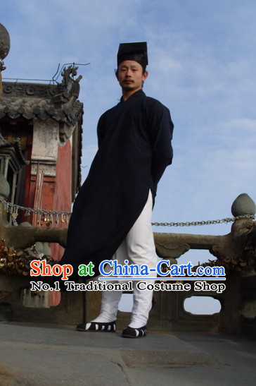 Chinese Dark Blue Taoist Clothing and Hat Complete Set for Men