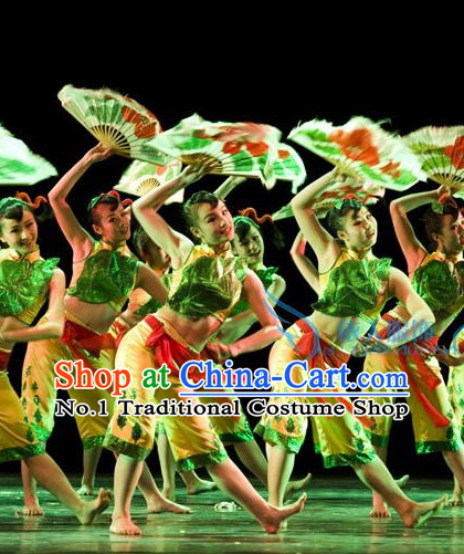 Stage Performance Chinese Folk Kids Dance Costumes and Headwear Complete Set
