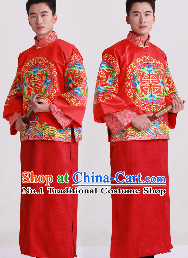 Dragon Embroidered Chinese Fashion Bridal Dresses Outfits Complete Set for Bridegrooms