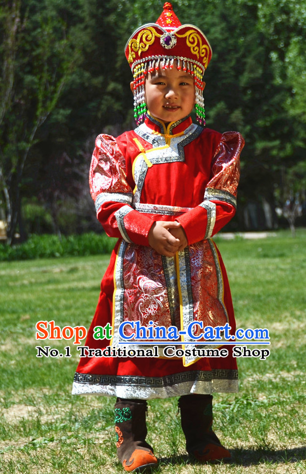 Traditional Chinese Photo Costume Mongolian Costume and Hat Complete Set for Kids
