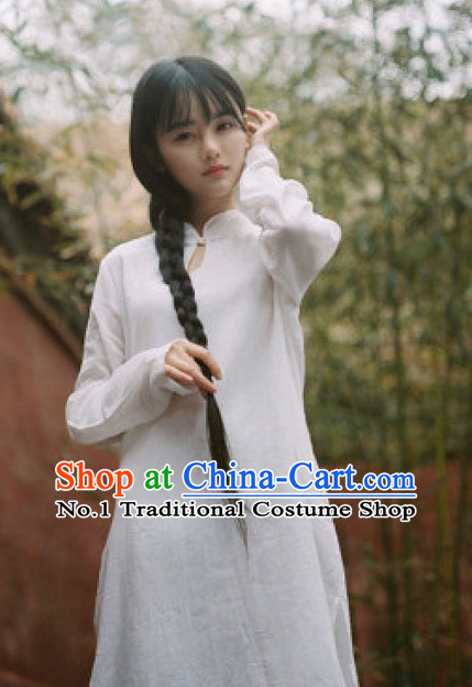 Chinese Traditional White Mandarin Long Jacket for Women