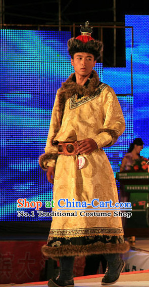 Traditional Chinese Mongolian Long Robes and Hat Complete Set for Men