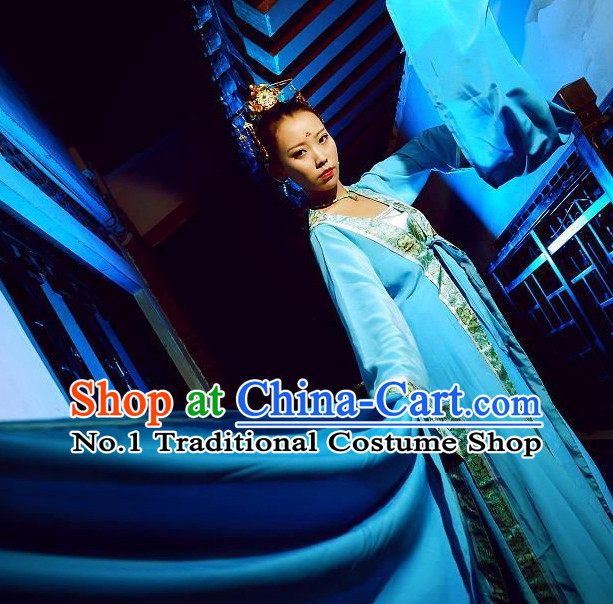 Water Sleeves Blue Chinese Classical Dancing Costumes and Hair Jewelry Complete Set for Women
